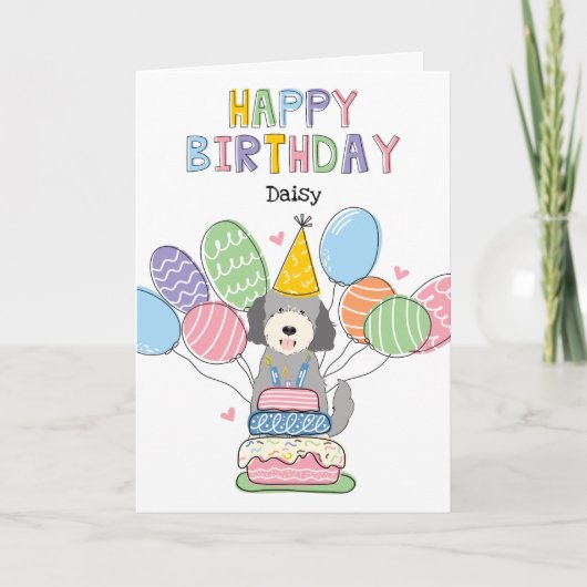 Silver Beige Goldendoodle Dog Happy Birthday Kaart (Voorkant)