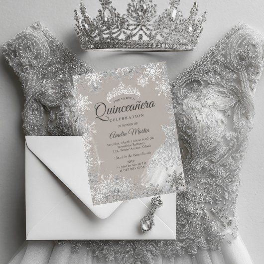 Silver Beige Winter Snowflake Quinceanera Folie Uitnodiging