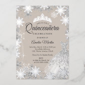 Silver Beige Winter Snowflake Quinceanera Folie Uitnodiging (Voorkant)