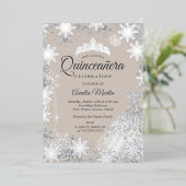 Silver Beige Winter Snowflake Quinceanera Folie Uitnodiging (Staand Voorkant)