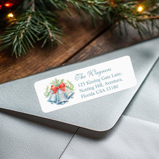 Silver bells blue gray red bow Christmas reply Etiket
