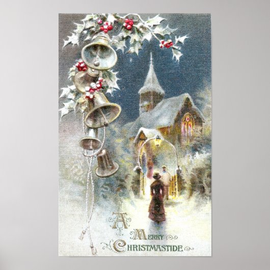 Silver Bells en Church Vintage Kerstmis Poster (Voorkant)