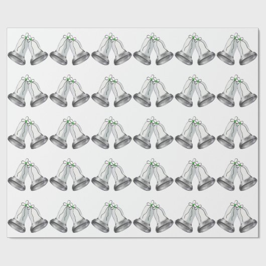 Silver Bells Green Ribbon White Wrapping Paper Cadeaupapier (Vlak)