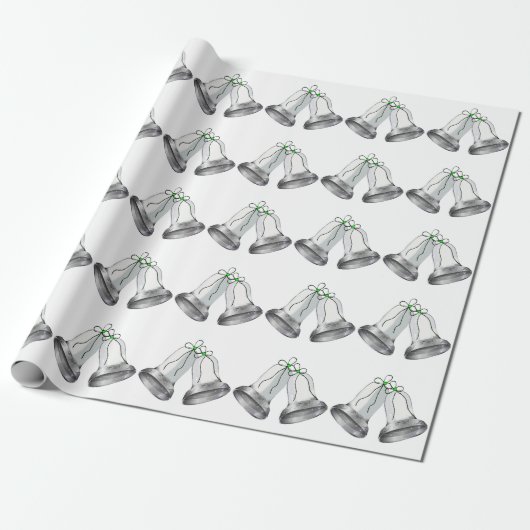 Silver Bells Green Ribbon White Wrapping Paper Cadeaupapier (Uitgerold)