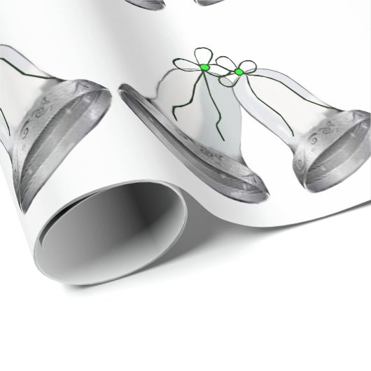Silver Bells Green Ribbon White Wrapping Paper Cadeaupapier (Rol Hoek)