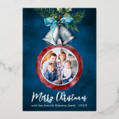 Silver Bells Navy Blue-kerstfoto Folie Feestdagenkaart (Voorkant)