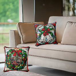 Silver Bells Red Ribbon Faux Glas in lood Kussen