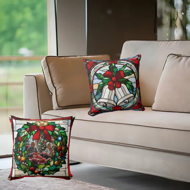 Silver Bells Red Ribbon Faux Glas in lood Kussen (Creator heeft geüpload)