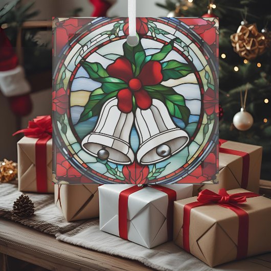 Silver Bells Red Ribbon Faux Glas in lood Ornament