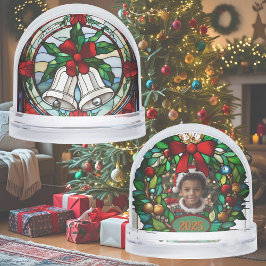 Silver Bells Red Ribbon Faux Glas in lood Sneeuwbol