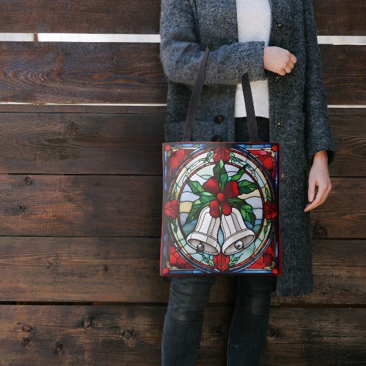 Silver Bells Red Ribbon Faux Glas in lood Tote Bag