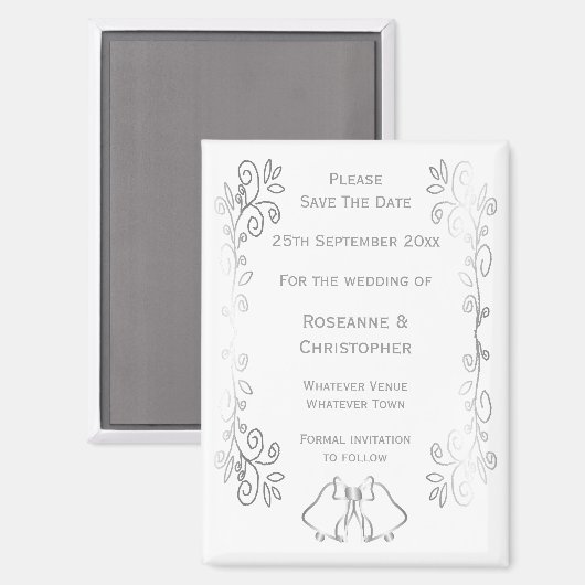 Silver Bells Scroll Design Wedding Save the Date Magneet (Voorkant / Achterkant)