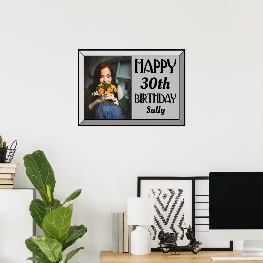 Silver Beveled Art Deco Birthday Foto Poster (Thuiskantoor)