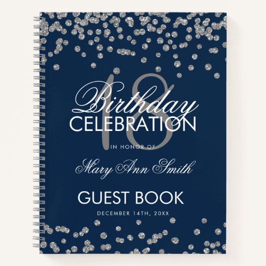 Silver Birthday Guestbook Glitter Confetti Navy Notitieboek (Voorkant)