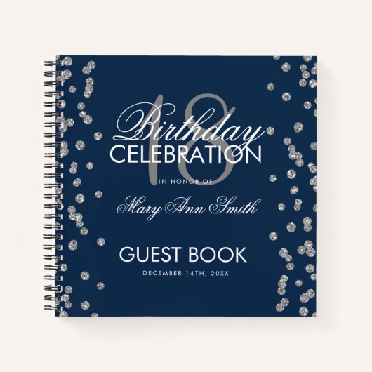 Silver Birthday Guestbook Glitter Confetti Navy Notitieboek (Voorkant)