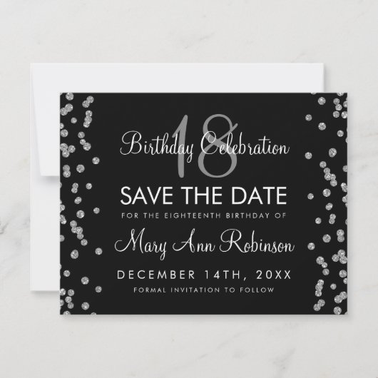 Silver Birthday Save Date Glitter Confetti Black Save The Date (Voorkant)