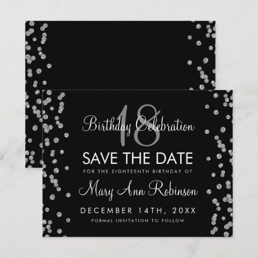 Silver Birthday Save Date Glitter Confetti Black Save The Date (Voorkant / Achterkant)