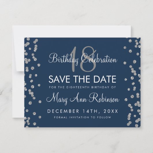 Silver Birthday Save Date Glitter Confetti Navy Save The Date (Voorkant)