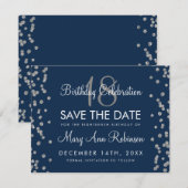 Silver Birthday Save Date Glitter Confetti Navy Save The Date (Voorkant / Achterkant)