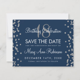 Silver Birthday Save Date Glitter Confetti Navy Save The Date