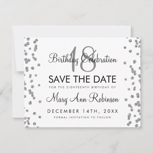Silver Birthday Save Date Glitter Confetti White Save The Date (Voorkant)