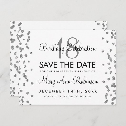 Silver Birthday Save Date Glitter Confetti White Save The Date (Voorkant / Achterkant)