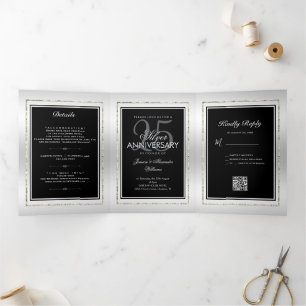 Silver & Black 25th Wedding Jubileum QR Code Drieluik Aankondiging