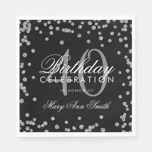 Silver Black 40th Birthday Glitter Confetti Servet (Voorkant)