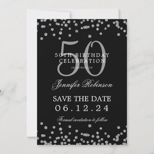 Silver Black 50e verjaardag Save the Date Confetti Kaart (Voorkant)