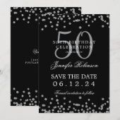Silver Black 50e verjaardag Save the Date Confetti Kaart (Voorkant / Achterkant)
