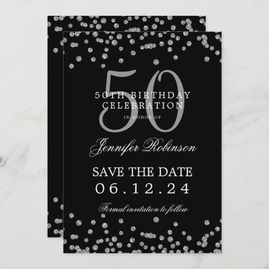Silver Black 50th Birthday Bewaar de datum en deta Kaart (Voorkant / Achterkant)