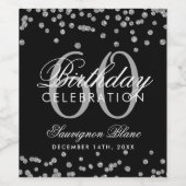 Silver Black 60th Birthday Glitter Confetti Wijn Etiket (Enkel label)