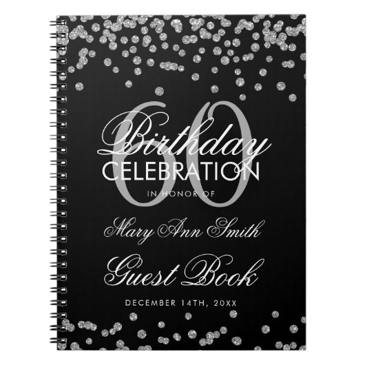 Silver Black 60th Birthday Guest Book Confetti Notitieboek (Voorkant)