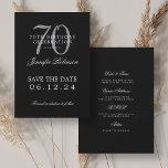 Silver Black 70th Birthday Bewaar de datum Details Kaart<br><div class="desc">Elegant "70th Birthday Party"-ontwerp met een formeel typografisch script,  aangepaste naam en detailtekst. Makkelijk te gebruiken en makkelijk te personaliseren. Bestel vandaag nog!</div>