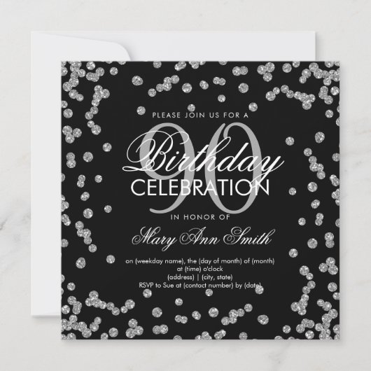 Silver Black 90th Birthday Glitter Confetti Kaart (Voorkant)