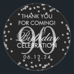 Silver Black 90th Birthday Hartelijk dank Glitter Ronde Sticker<br><div class="desc">Elegant 90th Birthday "Dank u" Silver Faux Glitter Confetti Black,  sjabloon van tag voor tag zwart.</div>