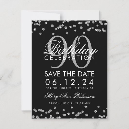 Silver Black 90th Birthday Opslaan Datum Confetti Kaart (Voorkant)