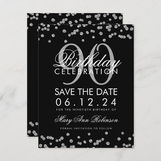 Silver Black 90th Birthday Opslaan Datum Confetti Kaart (Voorkant / Achterkant)