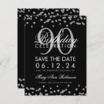 Silver Black 90th Birthday Save Date Confetti Kaart<br><div class="desc">Het elegante "90th Birthday Party"-ontwerp met Silver Faux Glitter Confetti Black en aangepaste naam en tekst met details. Eenvoudig te gebruiken en eenvoudig aan te passen. Bestel vandaag nog!</div>