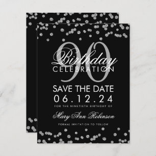 Silver Black 90th Birthday Save Date Confetti Kaart