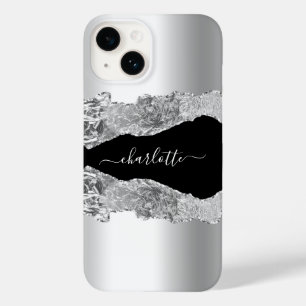 Silver Black agate marble name script Case-Mate iPhone 14 Hoesje