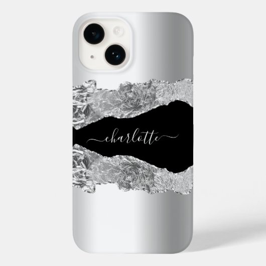 Silver Black agate marble name script Case-Mate iPhone Case (Achterkant)