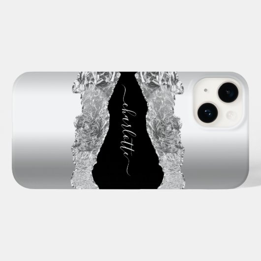 Silver Black agate marble name script Case-Mate iPhone Case (Achterkant (horizontaal))