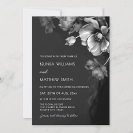 Silver Black And White Flowers Wedding Invitation Kaart