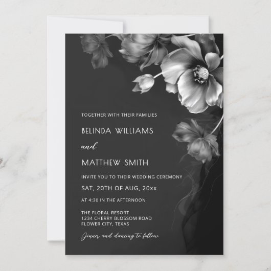 Silver Black And White Flowers Wedding Invitation Kaart (Voorkant)