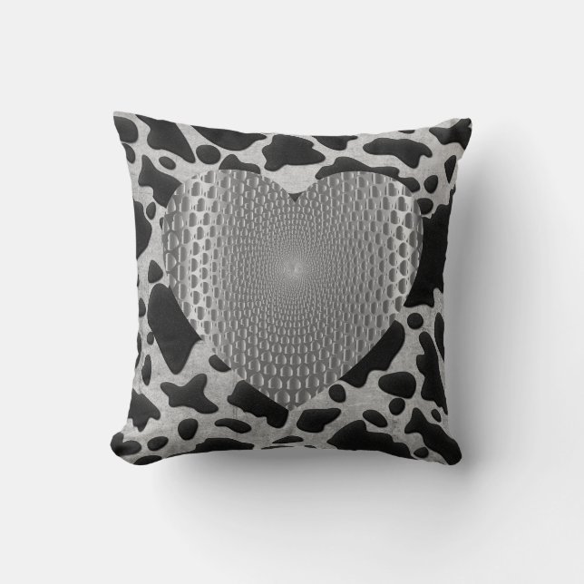 Silver & Black Animal Print Silver Prismatic Heart Kussen (Voorkant)
