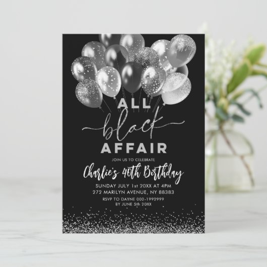 Silver Black ballon All Black Affair Birthday Kaart (Staand voorkant)
