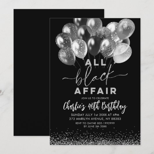 Silver Black ballon All Black Affair Birthday Kaart (Voorkant / Achterkant)