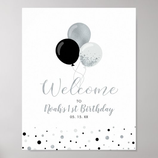 Silver & Black Balloons Boy 1 Birthday Welkom Poster (Voorkant)