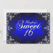 Silver Black Blue Pearl Damask Sweet 16 Invite Kaart (Voorkant)